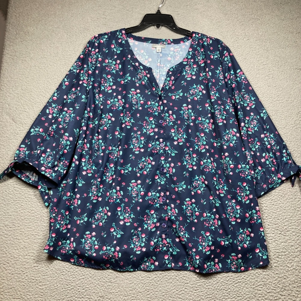 Catherines Top‎ Womens Plus 4X Blue Floral V Neck Button Up 3/4 Sleeve Flowy